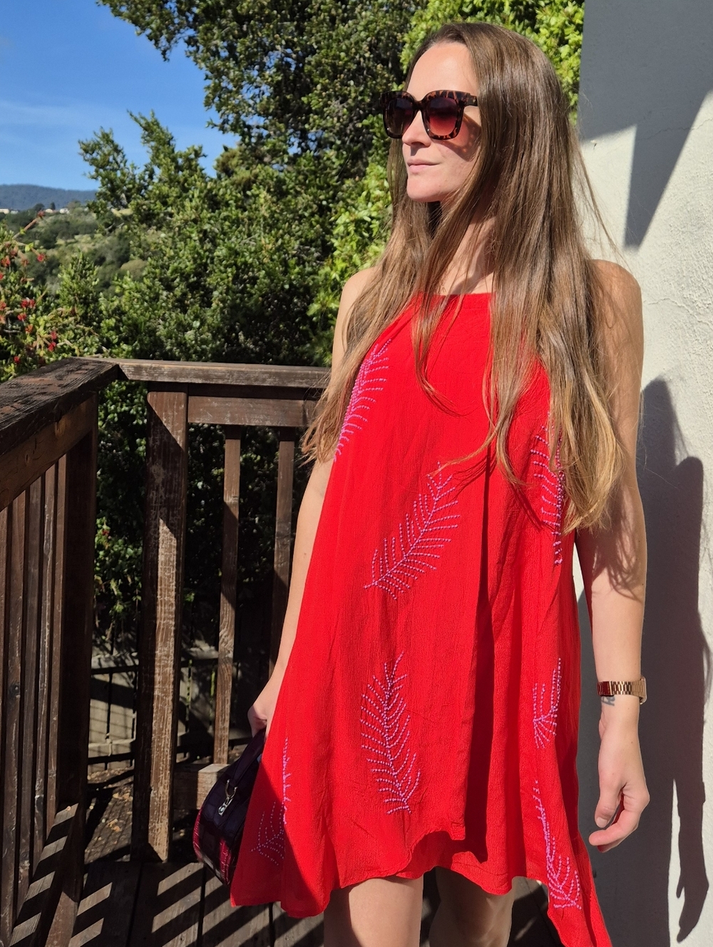 Red Sleeveless Ciebon Swing Dress with Embroidered Leaf Detail